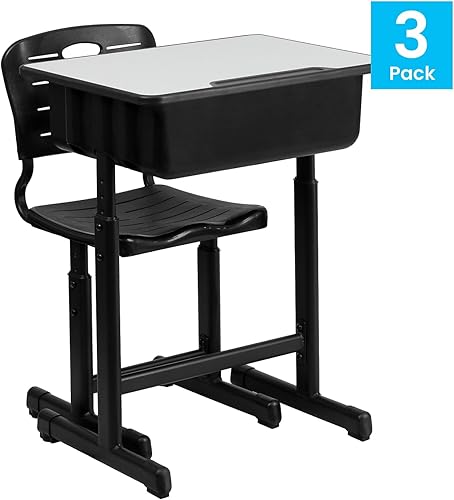 Miniatura 3 de Flash Furniture Nila - Juego de 3 escritorios y sillas para estudiantes de altura ajustable con marco de pedestal negro