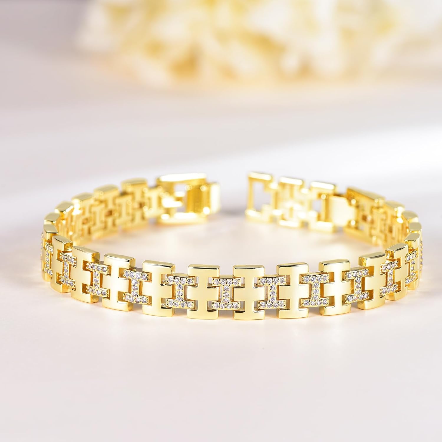 14K Sliver Plated Cubic Zirconia Bracelet For Men and Women, 7mm Watch Link Bracelet | Metal link bracelet |Suitable for holiday gifts - Image 6