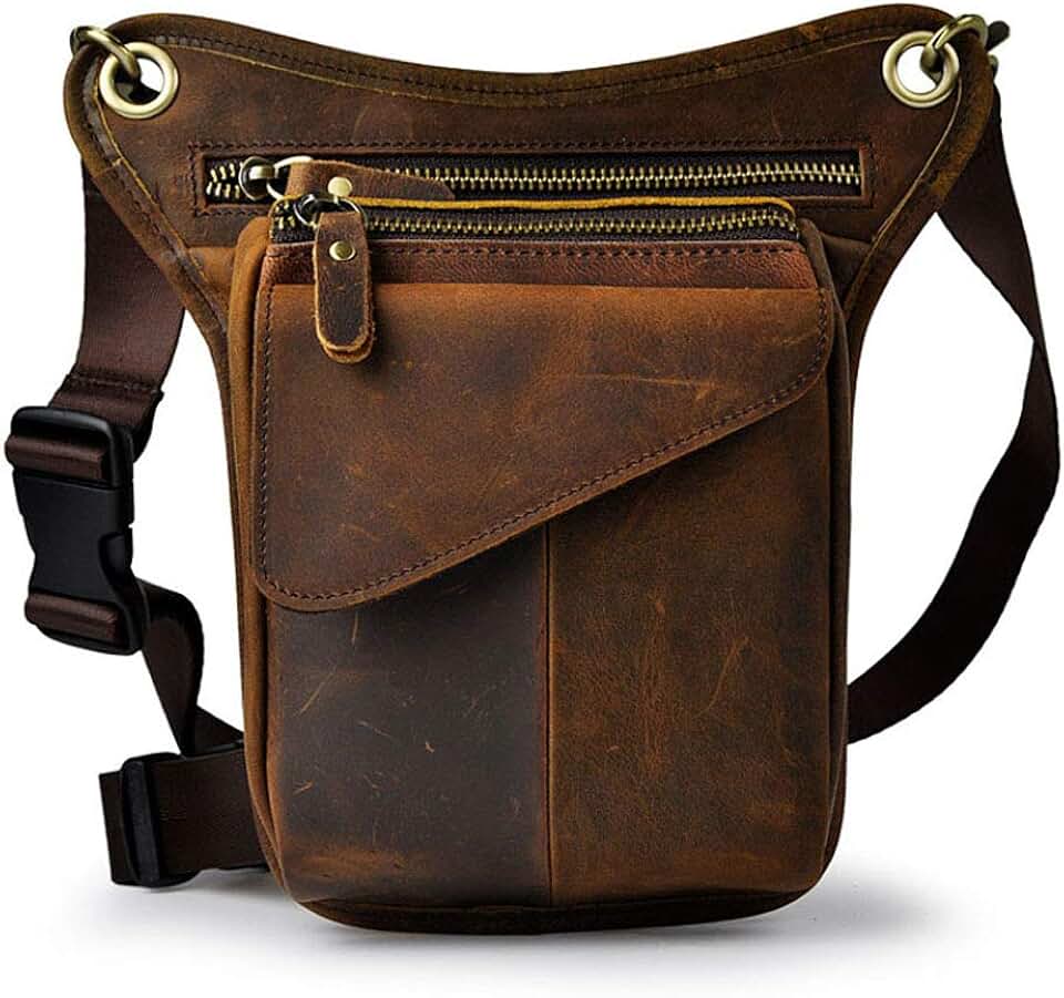 Vendimia Bolsa de Piel Pierna Gota para Hombres Mujeres Bolso de Cintura Riñonera vago multifunción Militar táctico Motocicleta Ciclista Ciclista Senderismo Deportes Camping Montar Marrón Oscuro