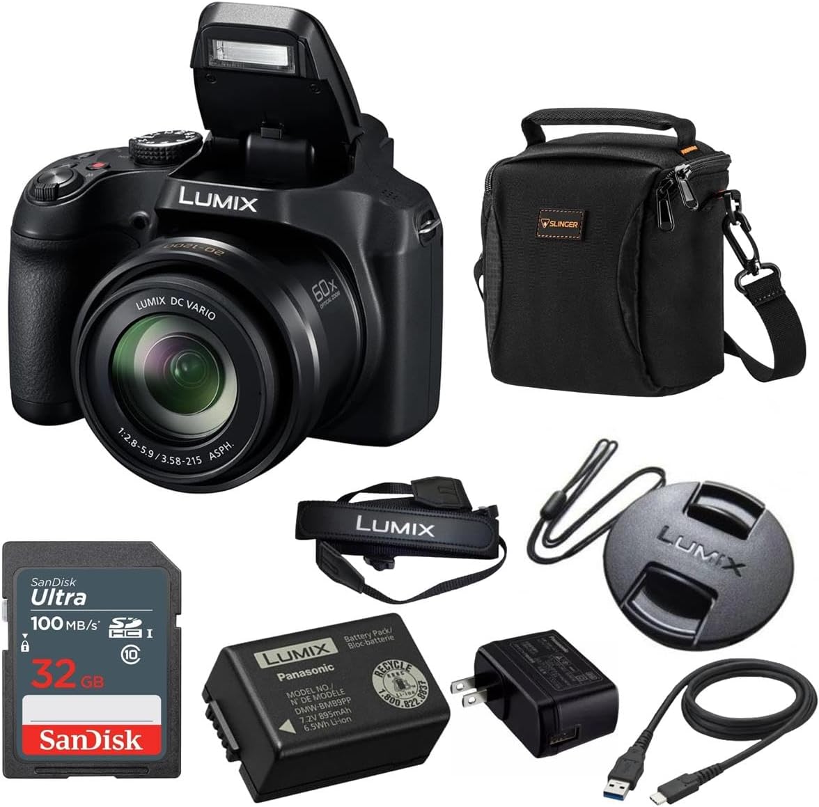 LUMIX FZ80D 18.1MP Point & Shoot Digital Camera, Bundle with Slinger Shoulder Bag, 32GB SD Card, Cleaning Cloth