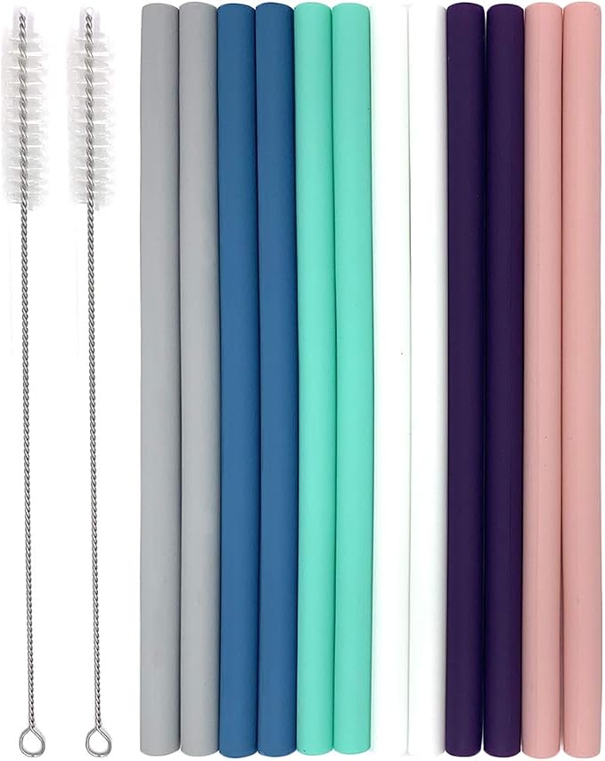 Senneny Set of 12 Silicone Drinking Straws for 30oz and 20oz - Reusable Silicone Straws BPA Free Extra Long with Cleaning Brushes- 12 Straight- 8mm diameter