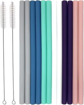 Senneny Set of 12 Silicone Drinking Straws for 30oz and 20oz - Reusable Silicone Straws BPA Free Extra Long with Cleaning Brushes- 12 Straight- 8mm diameter