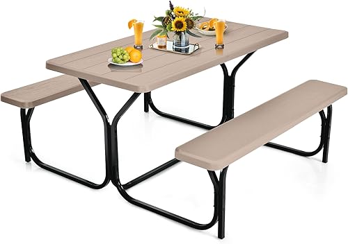 Tangkula Juego de mesa de picnic, mesa de picnic al aire libre con 2 bancos, mesa de campamento de metal con textura de plástico similar a la madera