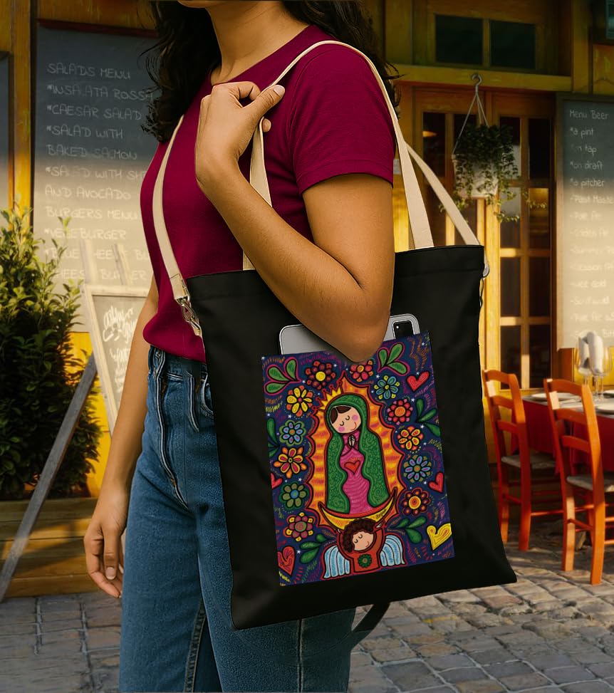 Image of ZORI Black Sling Tote Bag With Pocket and with Beige Straps, Tote Bags For Women large capacity,Tote bag For Shopping, College, Travel, More Canvas Handbag For Unisex