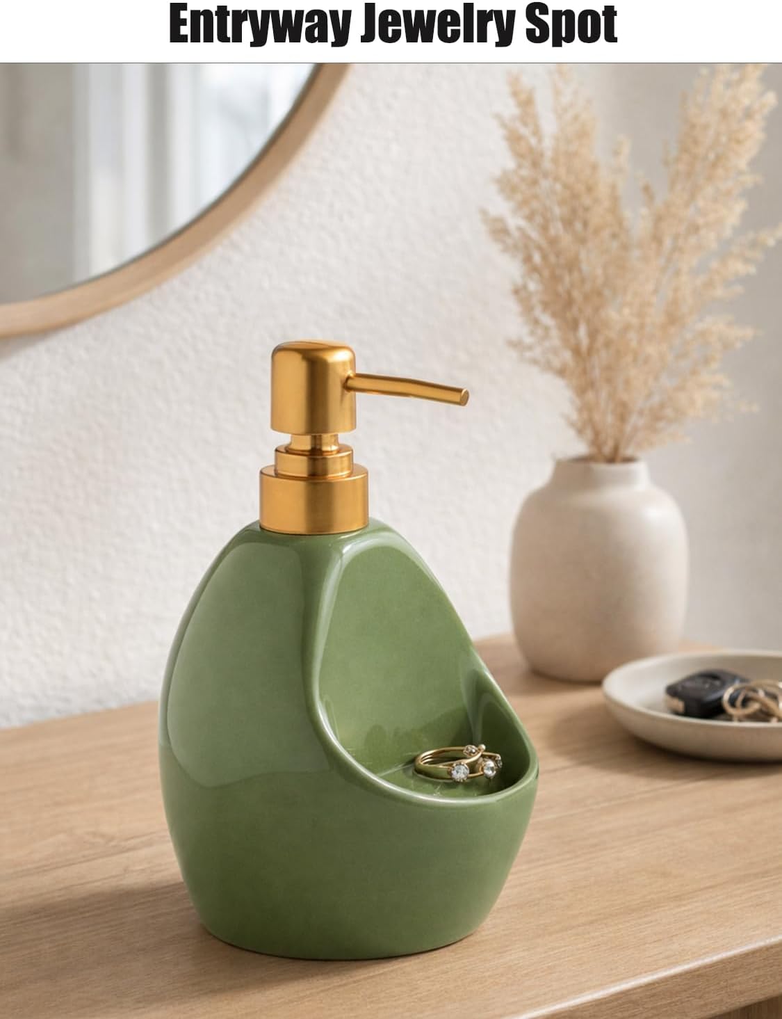 Green Ceramic Soap Dispenser with Sponge Holder – Refillable Kitchen Sink Soap Pump with Sponge Tray – 2-in-1 Sink Organizer for Dish Soap, Farmhouse Countertop Decor image 5