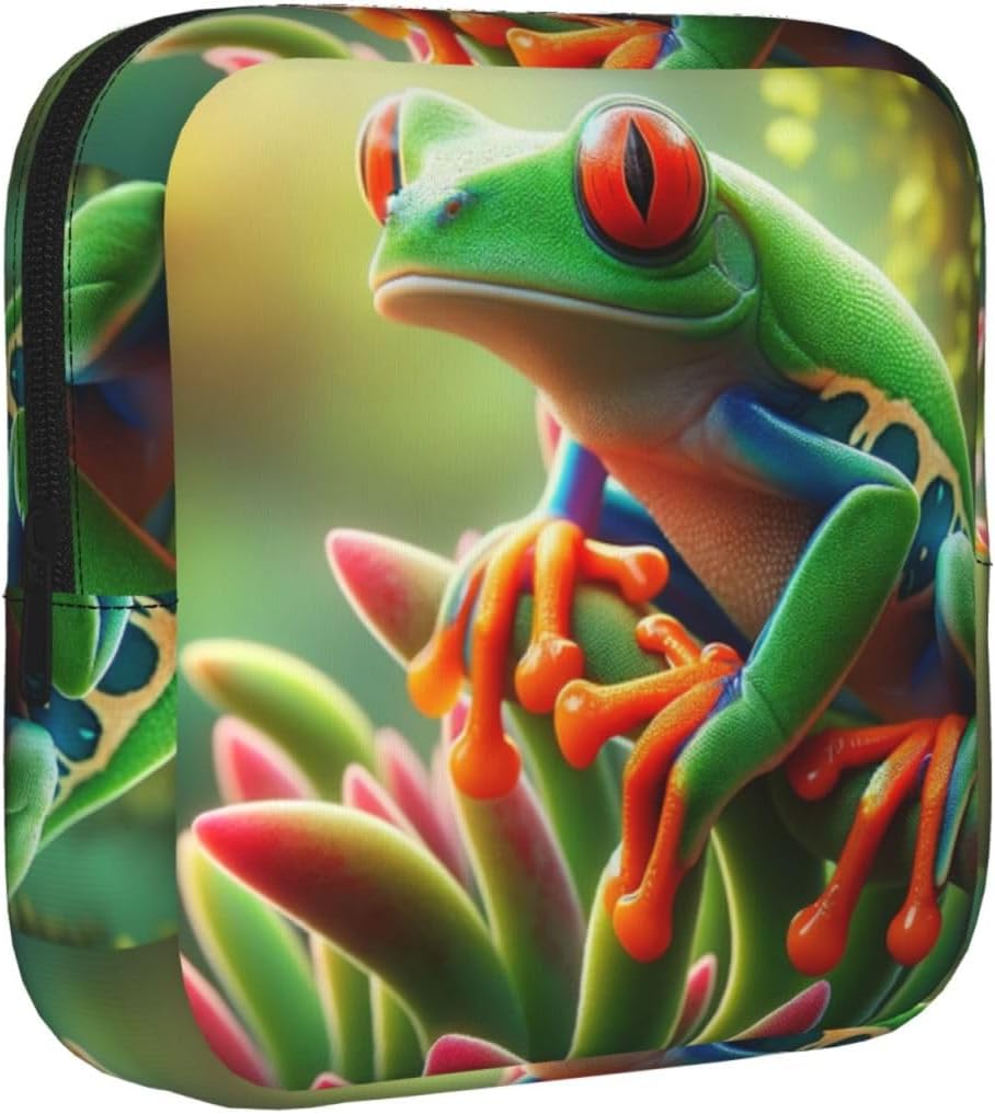 Nature-Rico-Tree-Frog Portable Period Pad Pouch for Women, Sanitary Napkin Storage Bag with Zipper for Outdoor Use