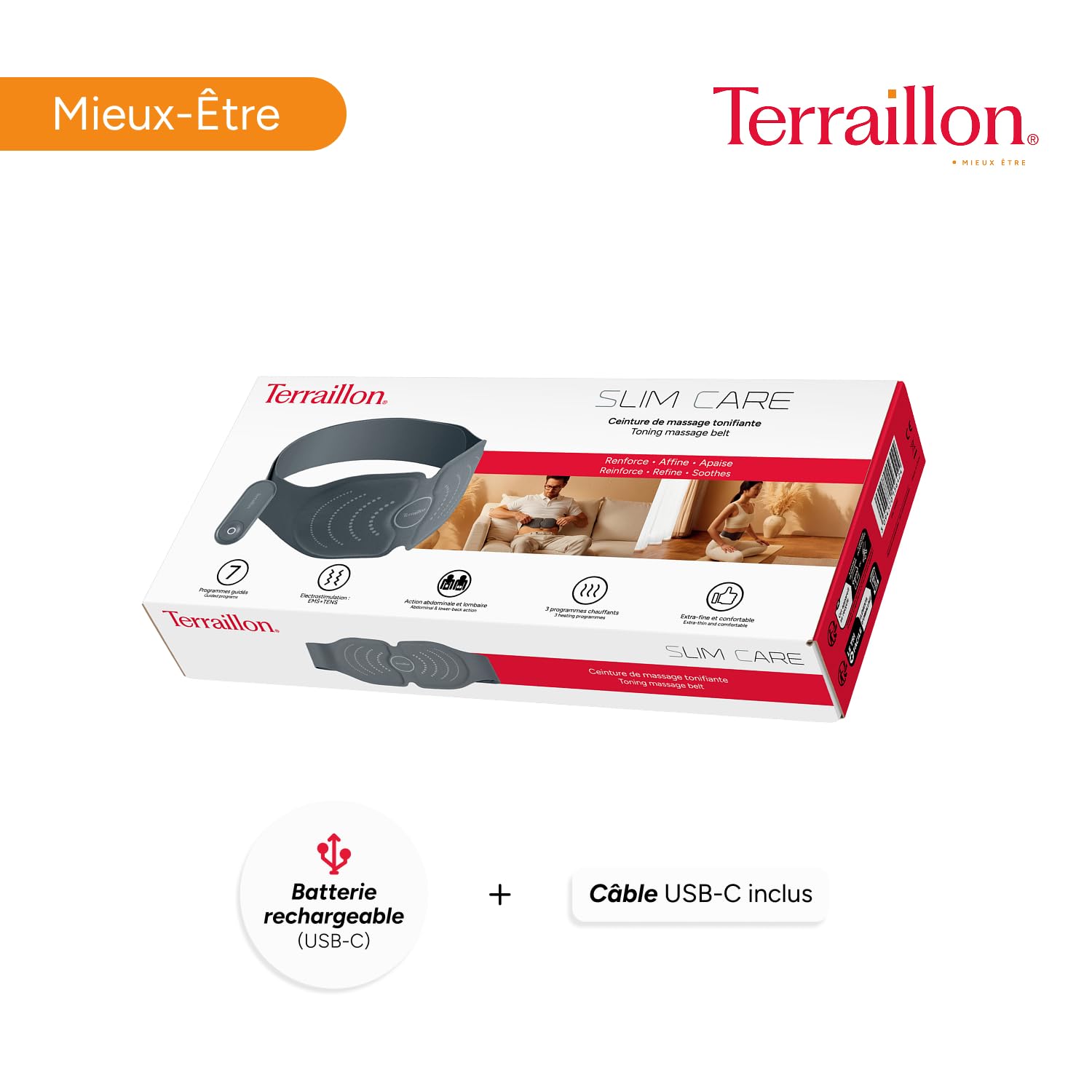 Terraillon Ceinture chauffante Lombaires et Ventre sans Fil Slim Care | Electrostimulation avec programmes guidés TENS & EMS, Tonifie Les Muscles et favorise la Relaxation, Télécommande incluse