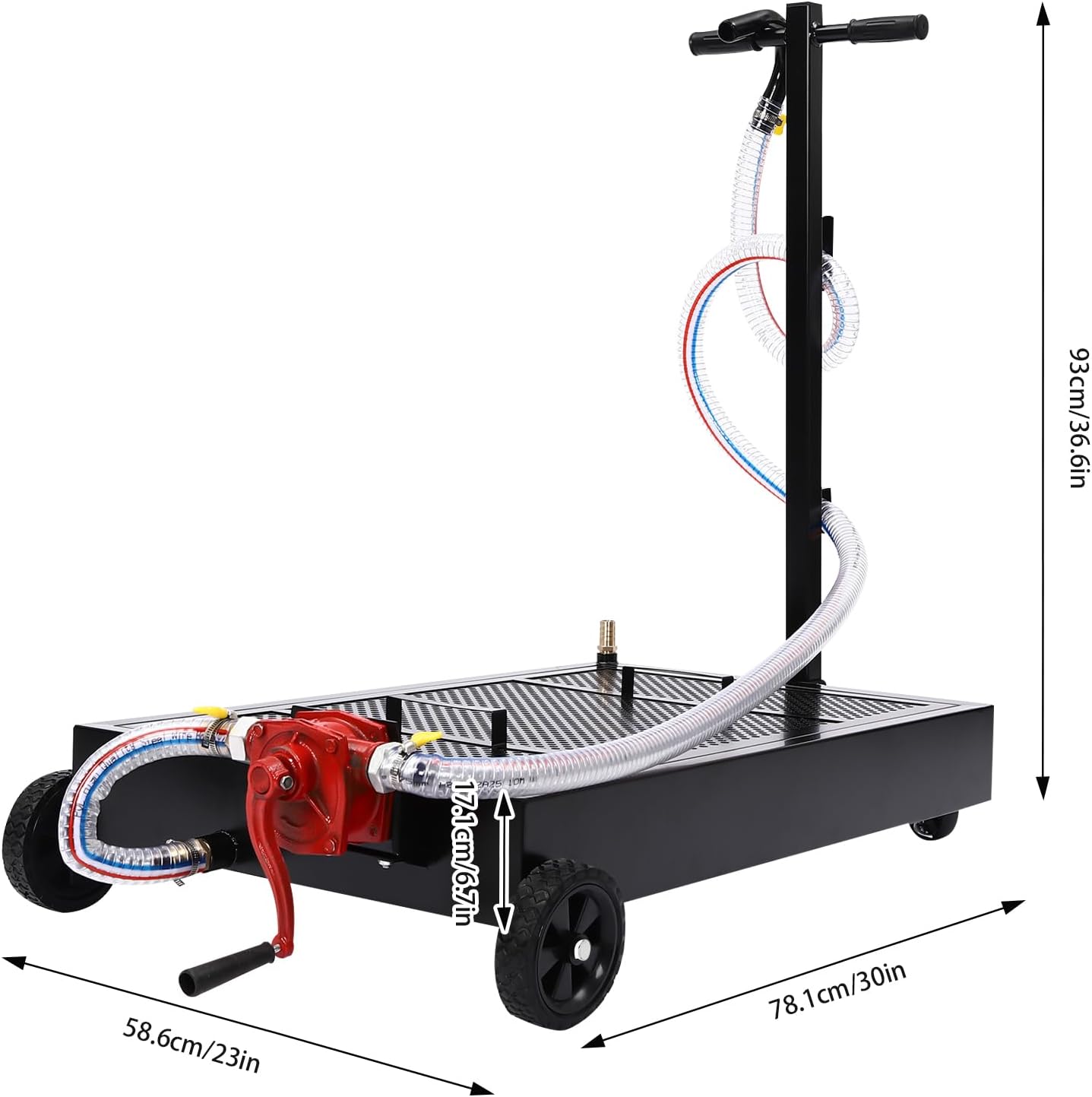 15 Gallon Low Profile Oil Drain Pan, 57L Large Capacity Truck Oil Change Pan with Manual Rotary Pump, 7.2Ft Hose & T Foldable Hand and Wheels, for Trucks, Buses, RVs