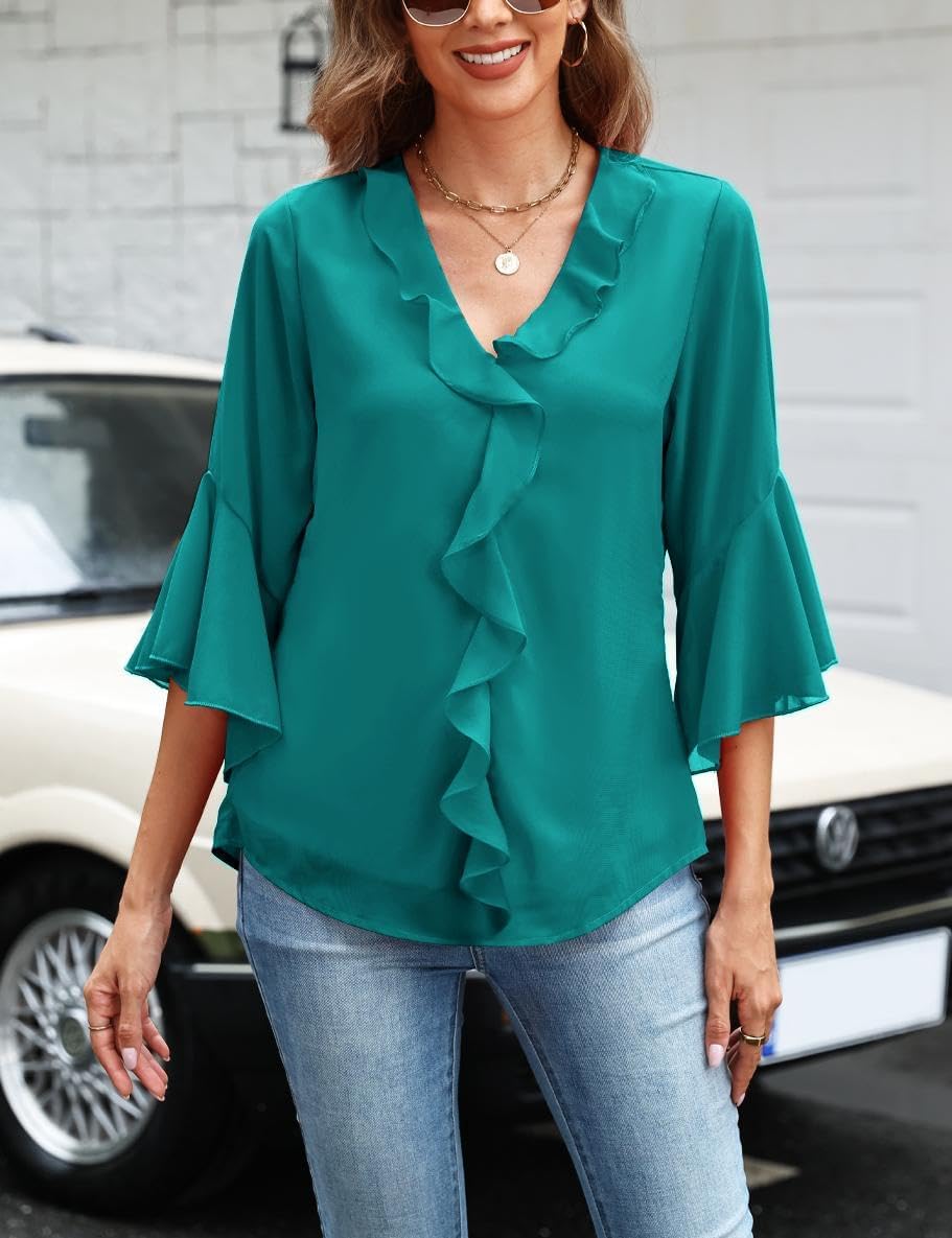 CiCiBird レディース フリルVネックブラウス 3/4袖 流れるようなシフォントップ ドレッシーカジュアルシャツ 仕事用