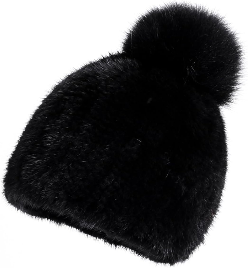 Women's Winter Genuine Mink Fur Knit Beanie Hat with Fox Fur Pom Stretch Warm Cap