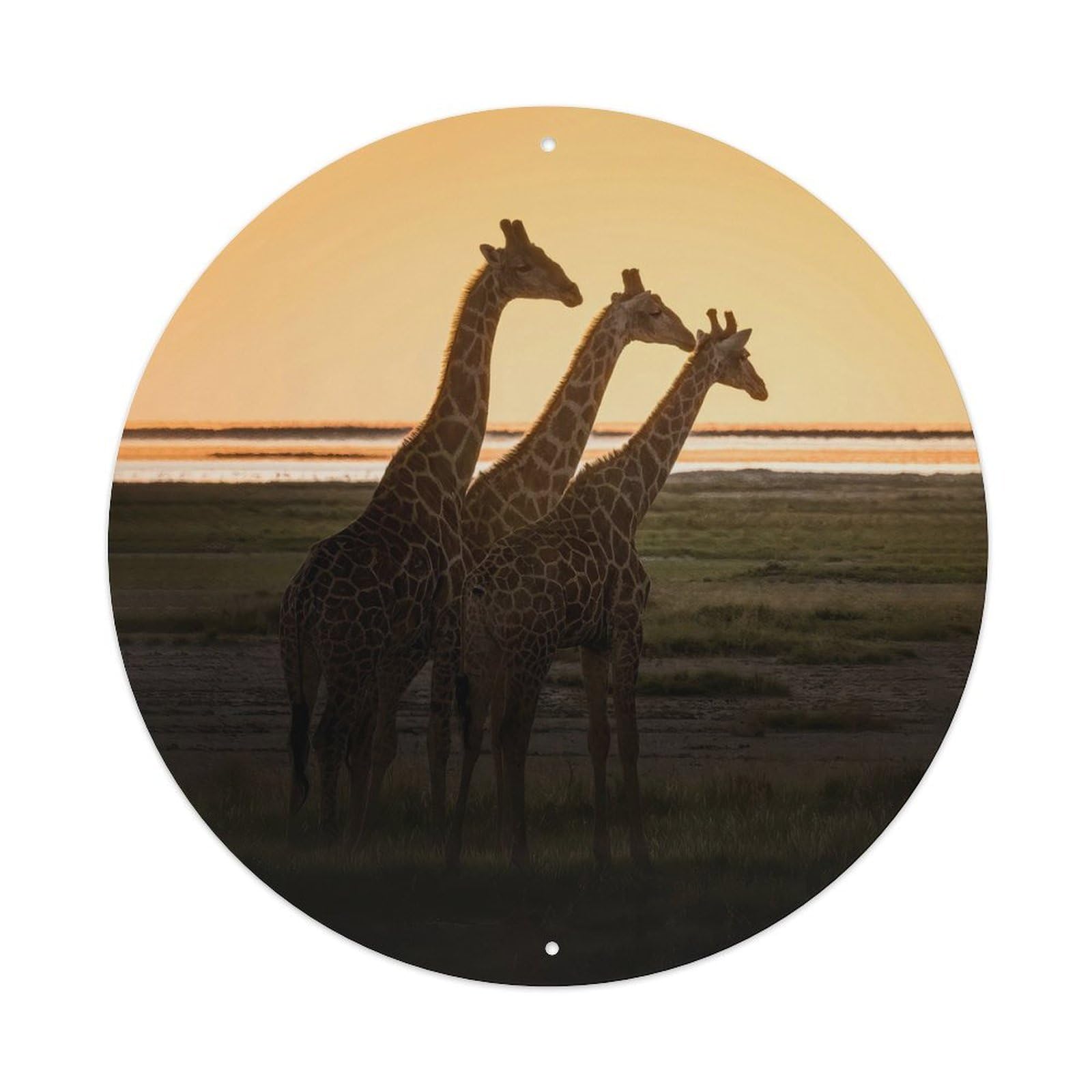 Wildlife Cute Animal Pet Africa Savannah Sunset Giraffe Herd Metal Tin Sign Plaque Wall Decor for Cafe, Man Cave, Club Bar, Office, Home Garden Round Metal Poster 8x8Inch