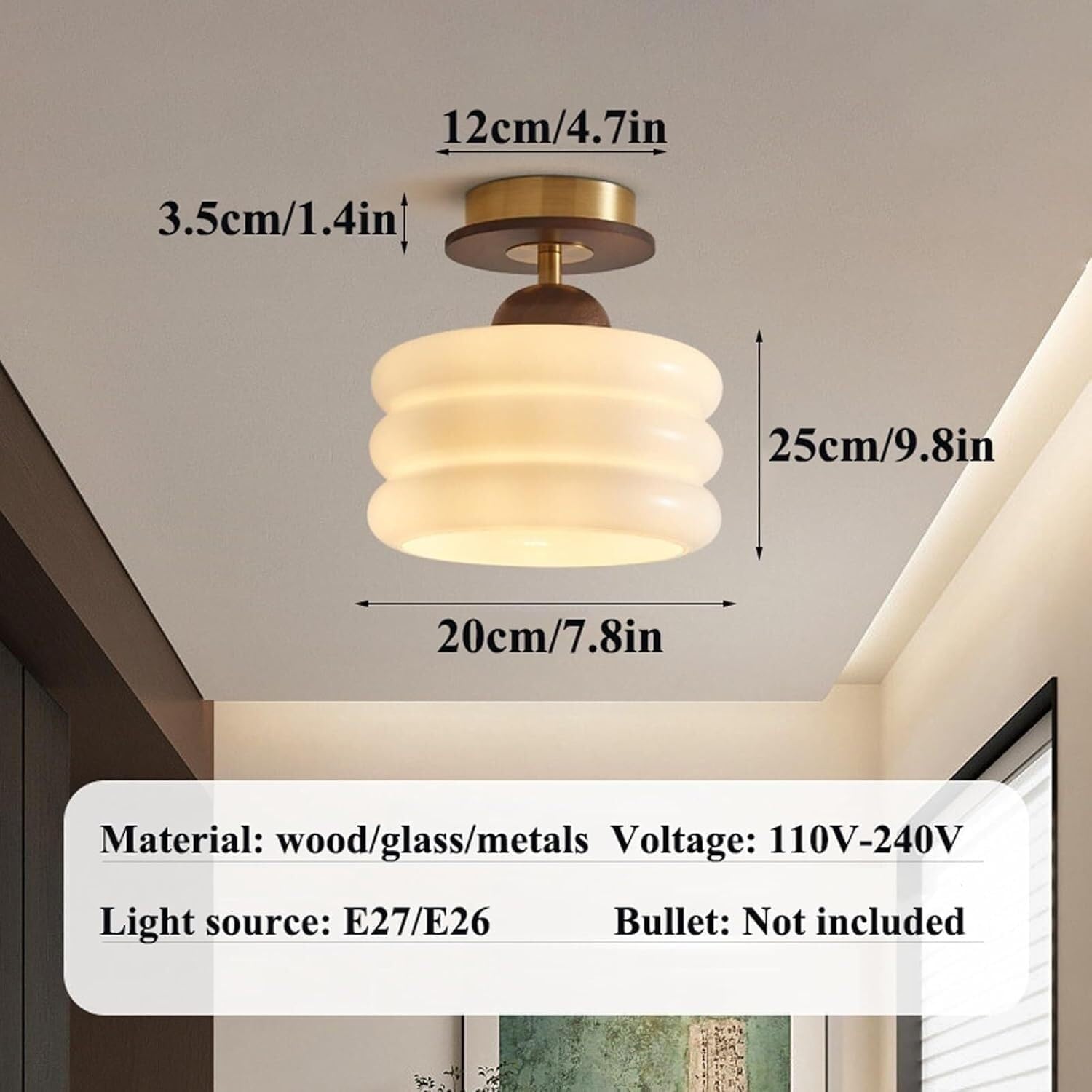 Mid Century Modern Semi Flush Mount Ceiling Light Gold Hallway Ceiling Lamp Vintage Milk Glass Ceiling Light Fixture Wood Farmhouse Porch Ceiling Lamp for Living Room Dining Room Bedroom Corr