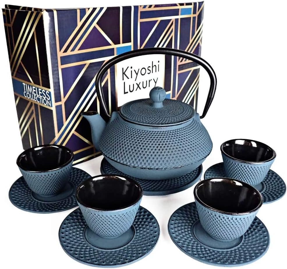 Juego de té japonés grande de 11 piezas "KONJOU Blue" Olla de té de hierro fundido de 26 onzas con 4 tazas de té (2 onzas cada una), 4 platillos,