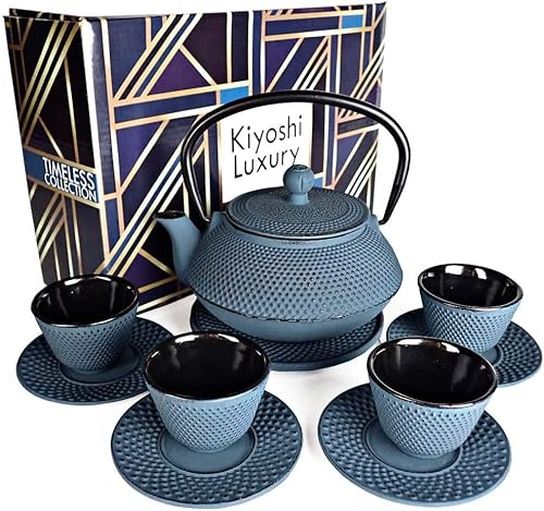 Juego de té japonés grande de 11 piezas "KONJOU Blue" Olla de té de hierro fundido de 26 onzas con 4 tazas de té (2 onzas cada una), 4 platillos,