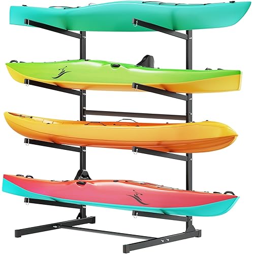 VEVOR Kayak Storage Rack for 4 Kayaks, Holds 220 lbs, Heavy Duty Freestanding Stand for Indoor Outdoor Garage Shed Dock, Storage Rack Stand Holder for Canoe, Small Boat, SUP, Surfboard & Paddleboard