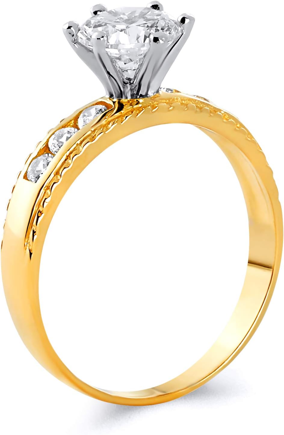 Wellingsale Ladies Solid 14k Two 2 Tone White and Yellow Gold Polished CZ Cubic Zirconia Round Cut Engagement Ring and Cross Wedding Band Bridal Set