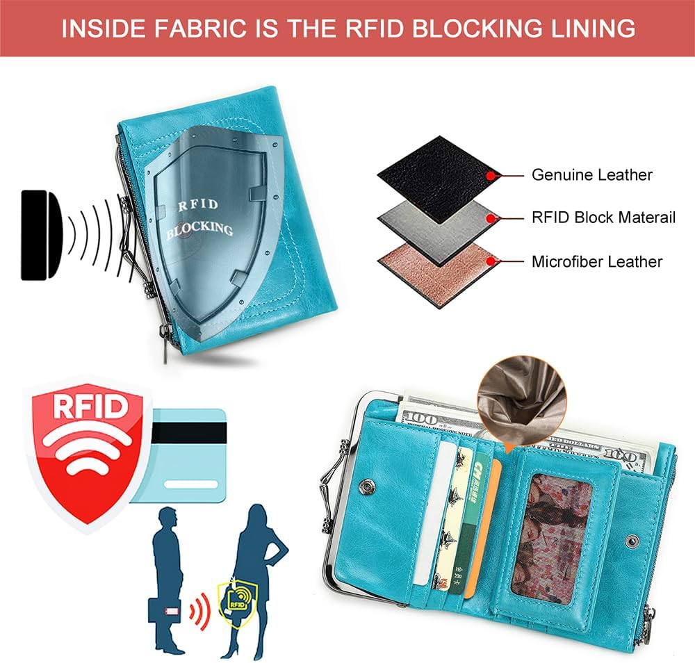 CONTACTS Full Grain Leather Kiss Lock Wallet for Women Kiss Clasp Coin Purse Vintage Small RFID Bifold Wallet (Blue) - Image 3