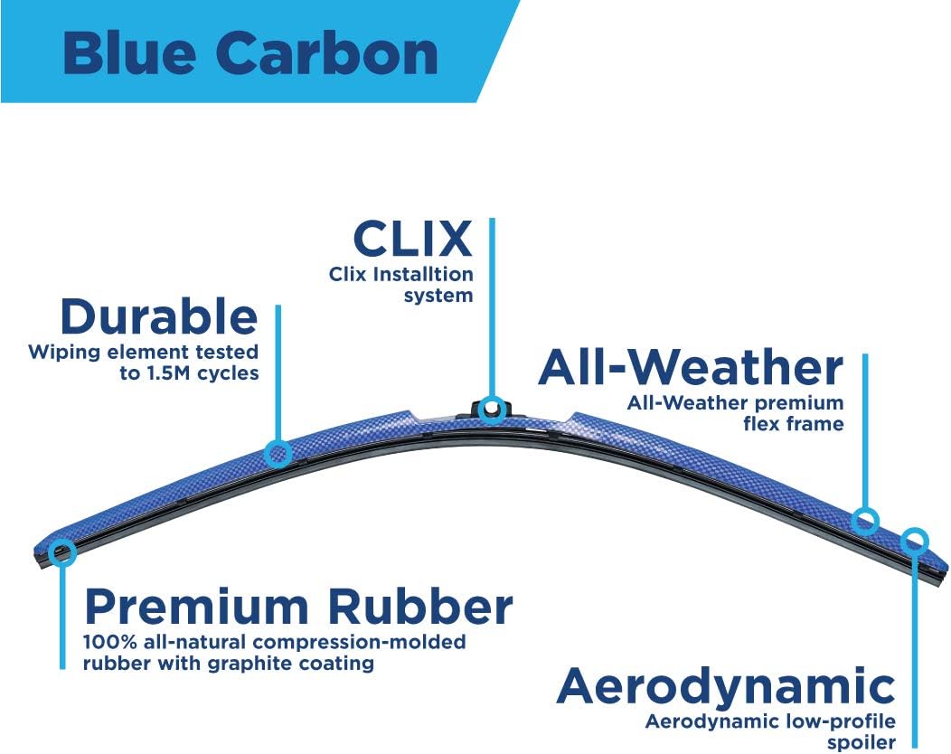 AutoTex Clix Wipers - Blue Carbon Fiber Automotive Wiper Blades - Universal Clip On Replacement Windshield-Wipers - All-Weather - Single Blade (26in)