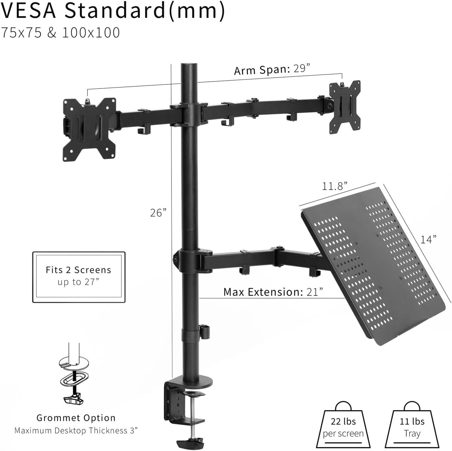 Dual 13" to 27" Monitor Stand with Holder, Adjustable Brackets