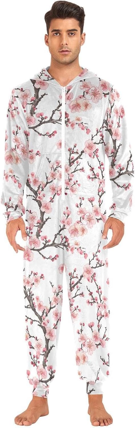 ZZKKO Winter Plum Blossoms on Branches Adult Onesie Pajamas for Women Men Cozy One Piece Pajamas Costume Zip-Up Hooded S-XL