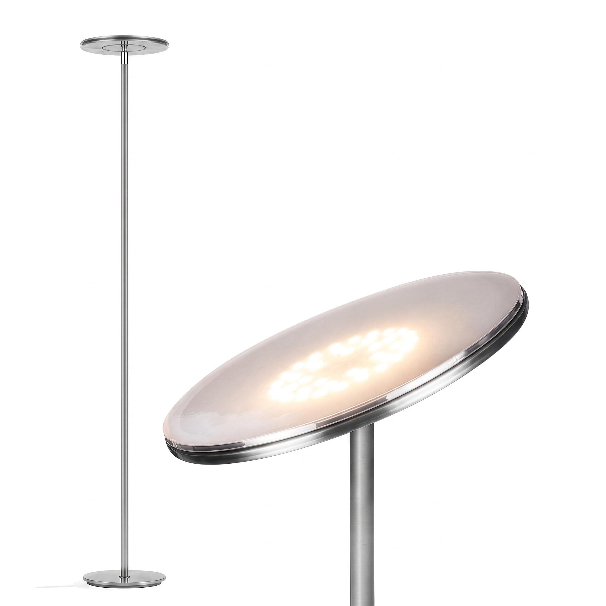 Brightech Sky LED Floor lamp, Torchiere Super Bright Floor Lamp for Living Room Decor &amp; Office - Dimmable, Tall Standing Torch Lamp with Warm Light for Bedroom &amp; Reading - Platinum Silver