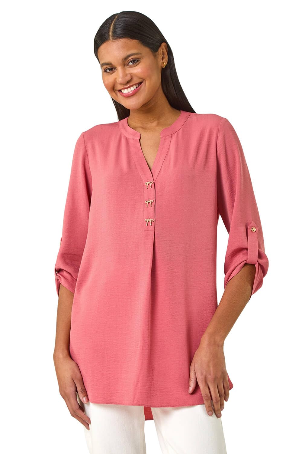 Roman Longline Bow Button Top - Pink - Linen - 3/4 Sleeve - Notch Neck