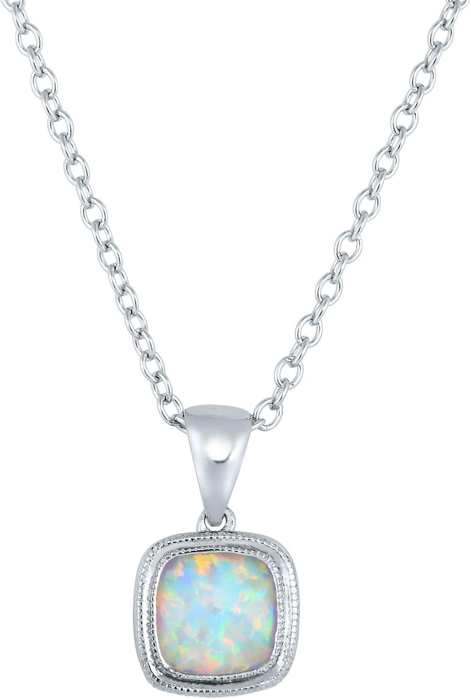 925 Sterling Silver Lab Created Opal Cushion Pendant Necklace
