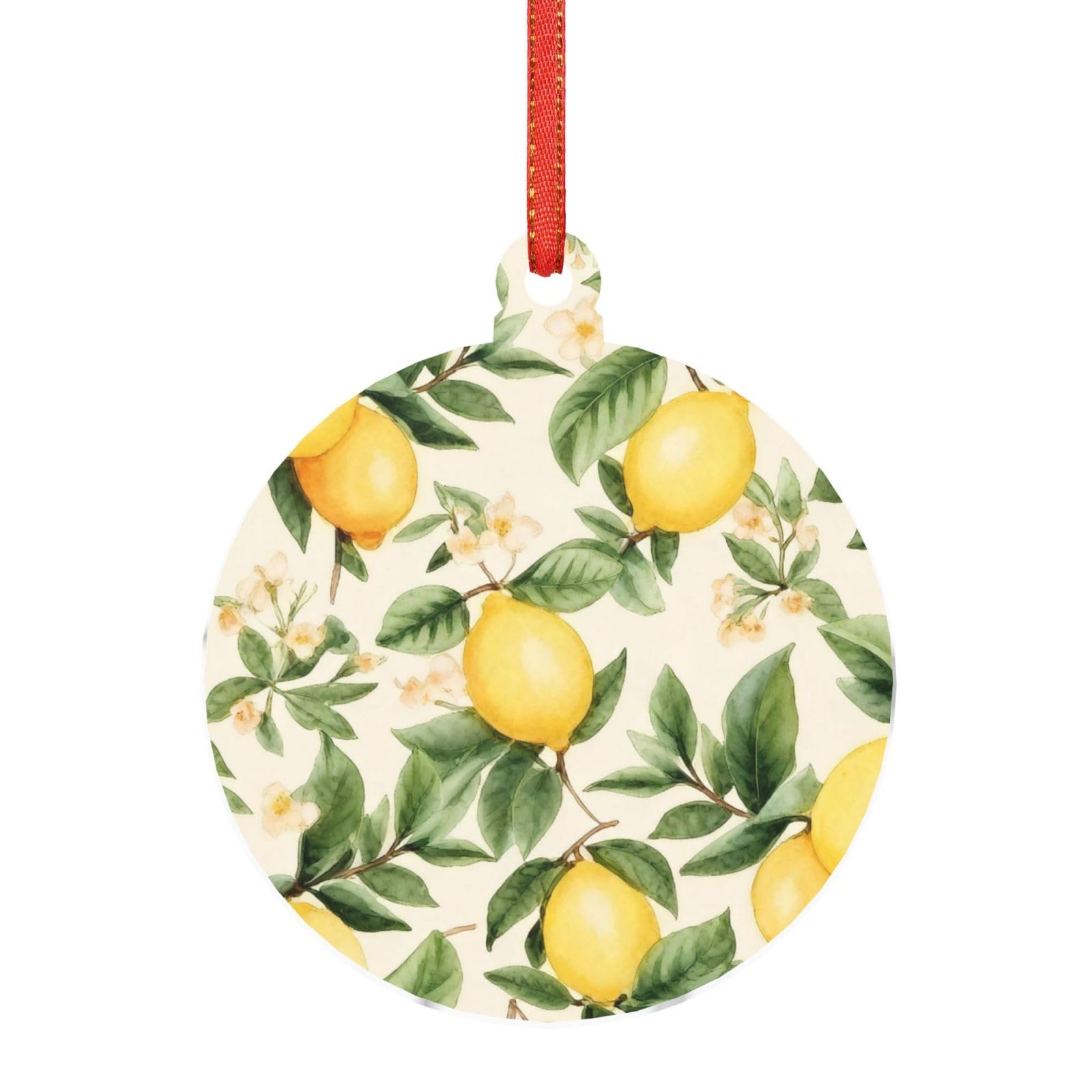 Acrylic Ornament Christmas Tree Decoration Clear Round Pendant with Red Ribbon Lemons and lemon leaves Christmas Ornaments Indoor Outdoor Hanging Acrylic Pendants for Xmas Party Decor