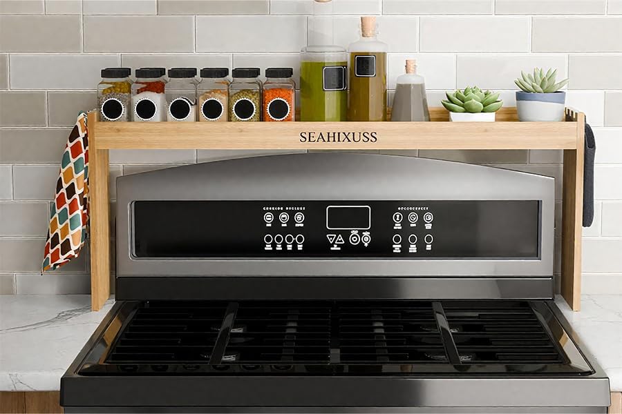 bamboo over the stove spice shelf for kitchen storage, 31.5" spice rack organizer stove top shelf with 6 hooks, 11.4" height extra oven back sink countertop, easy to assemble