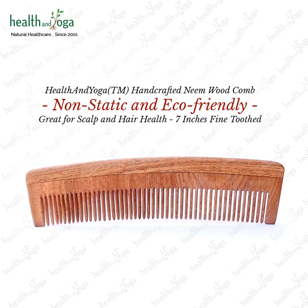 HealthAndYoga™ PureTress Handcrafted Neem Wood Comb - Non-Static and Eco-Friendly Fine Tooth Comb for Men and Women - Soothing Scalp and Hair Health - 7 Inches