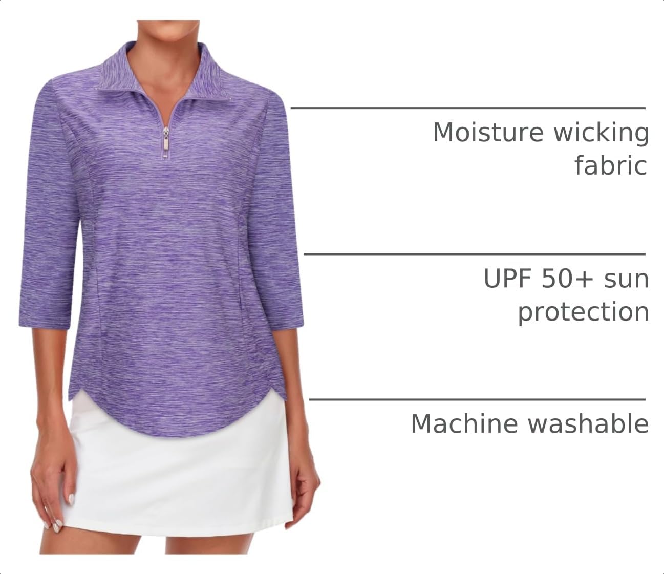 Tanst Sky Womens Golf Polo Shirts Zipper 3/4 Sleeve Moisture Wicking Tops UPF 50+ Workout Tennis Apparel