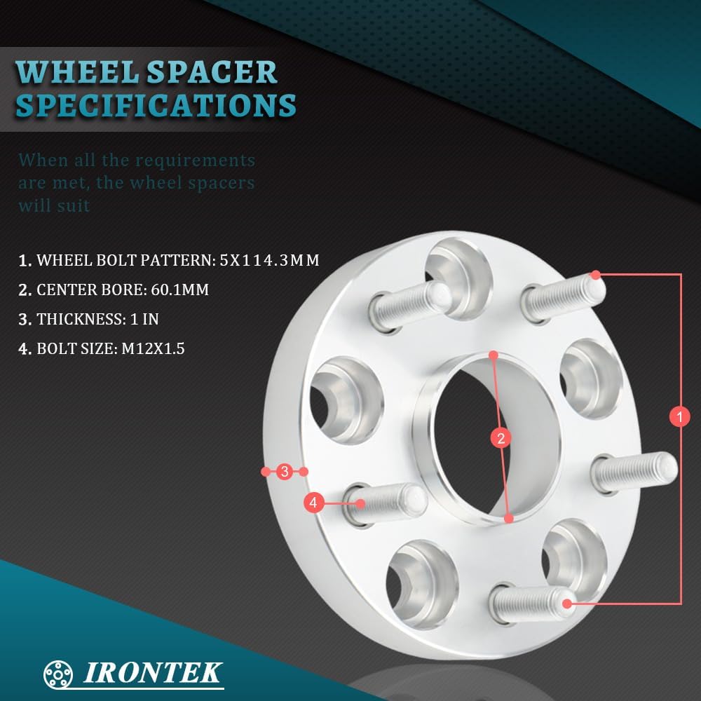 IRONTEK 5x114.3mm Wheel Spacers Compatible for Lexus ES300 300h 330, GS300 350 430, IS250 300, LS400; for Toyota Tacoma, Camry, Highlander Forged 1 inch Thread Pitch M12x1.5 Hub Bore 60.1mm 6X4.5 2PCS