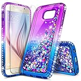 S6 Case, Galaxy S6 Glitter Case w/[Tempered Glass Screen Protector], NageBee Liquid Quicksand Waterfall Floating Flowing Sparkle Shiny Bling Diamond Girls Cute Case for Samsung Galaxy S6 -Purple/Blue