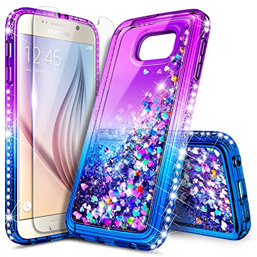Galaxy S6 Case with Tempered Glass Screen Protector, NageBee Glitter Sparkle Bling Liquid Floating Quicksand Waterfall Shockproof Women Kids Girls Cute Durable Case for Samsung Galaxy S6 -Purple/Blue