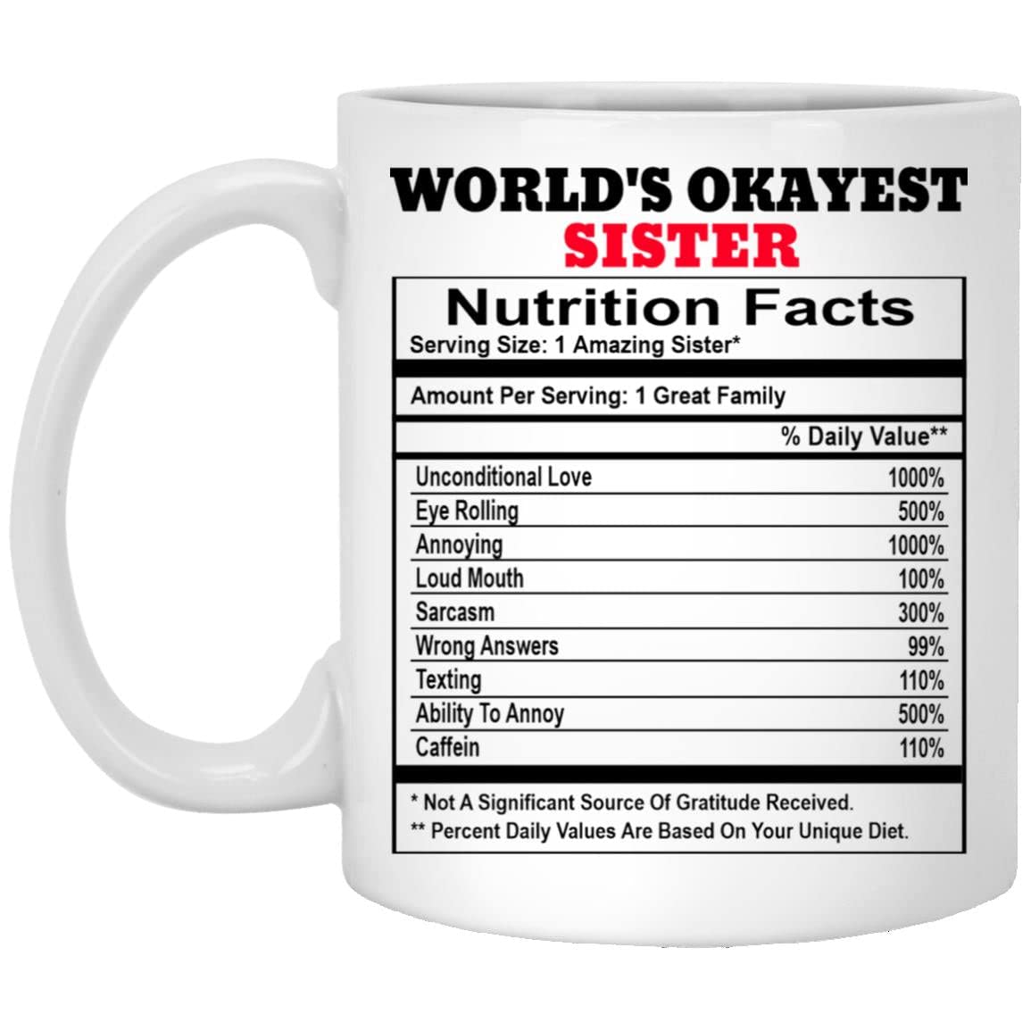 SuBin shop World's Okayest Sister Nutrition Facts Coffee Mug, Funny Gag Sister Gifts, Sister Coffee Mug, Graduation Birthday Christmas Gift For Sister 11oz