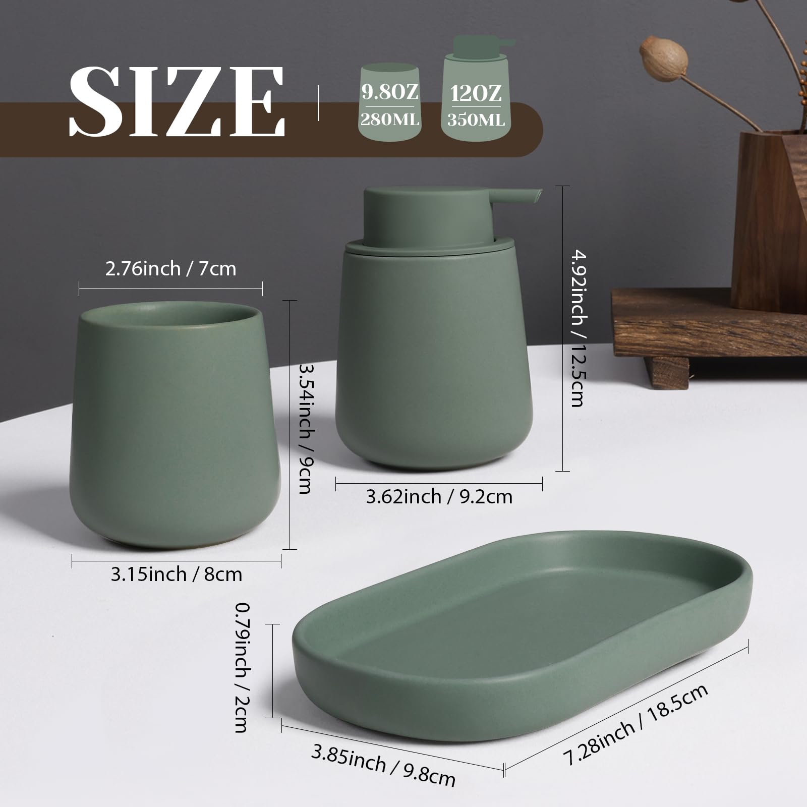 Ceramiczny zielony zestaw łazienkowy, 3-częściowy zestaw łazienkowy, dekoracyjne akcesoria łazienkowe, zawiera dozownik mydła, kubek na szczoteczkę do zębów i półkę łazienkową