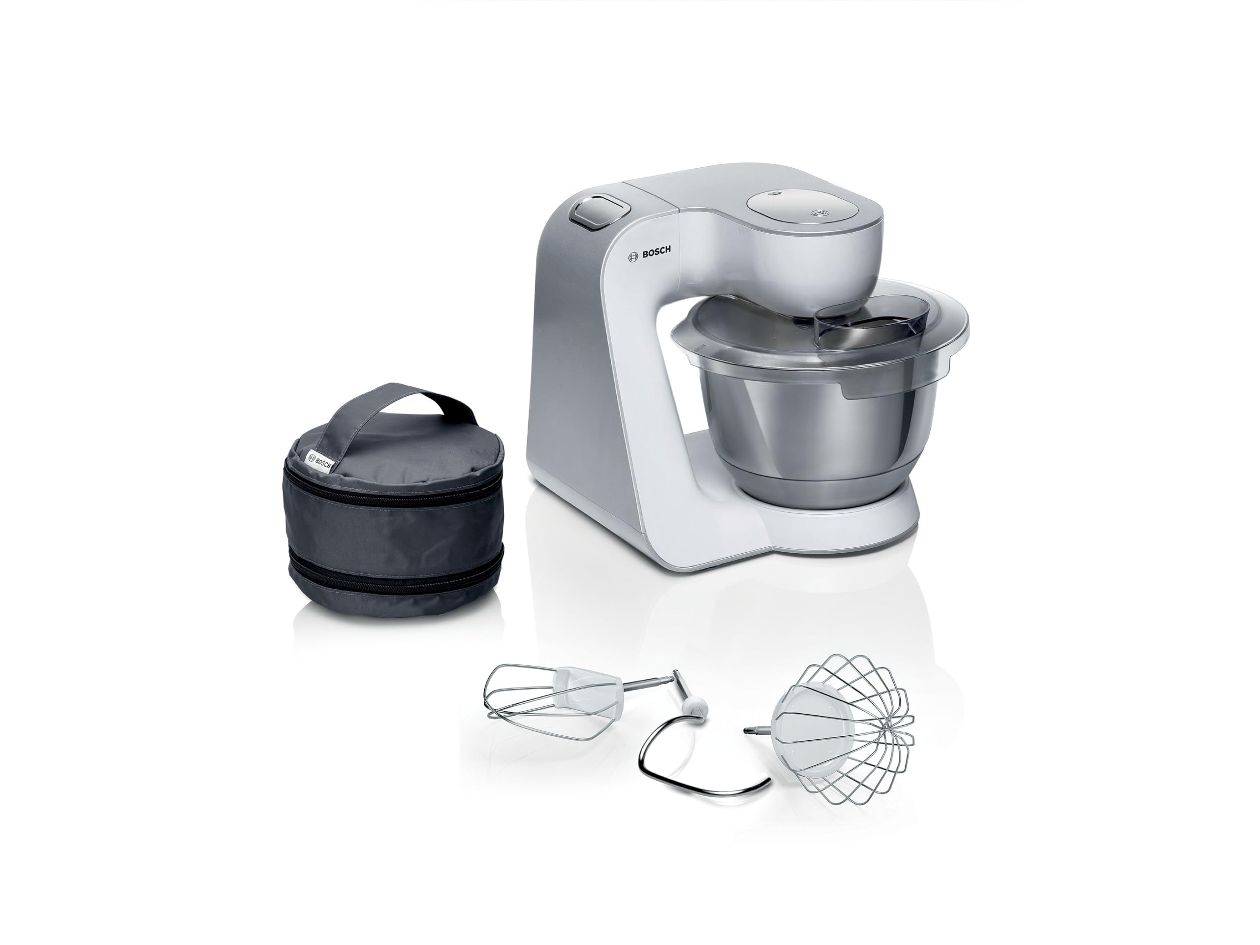 BOSCH MUM58200 Série 4, Robot pâtissier, 1000 W, bol mélangeur, 7 vitesses + turbo, Kit d'accessoires pâtisserie, Blanc, Argent