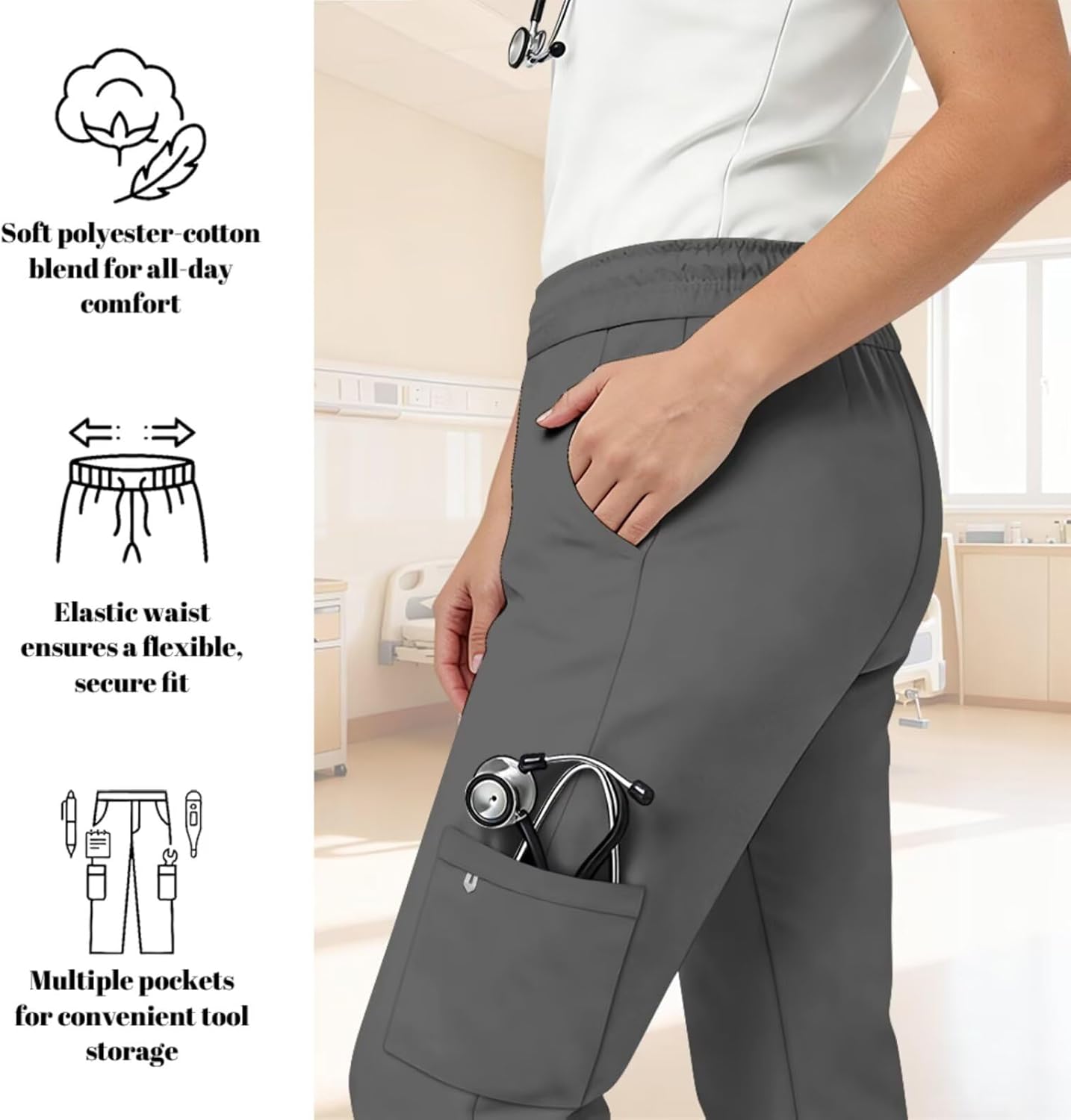 Scrubs for Women Set Medical Uniform V Neck Short Sleeve Top and Straight Jogger Pants with Six Pockets Workwear