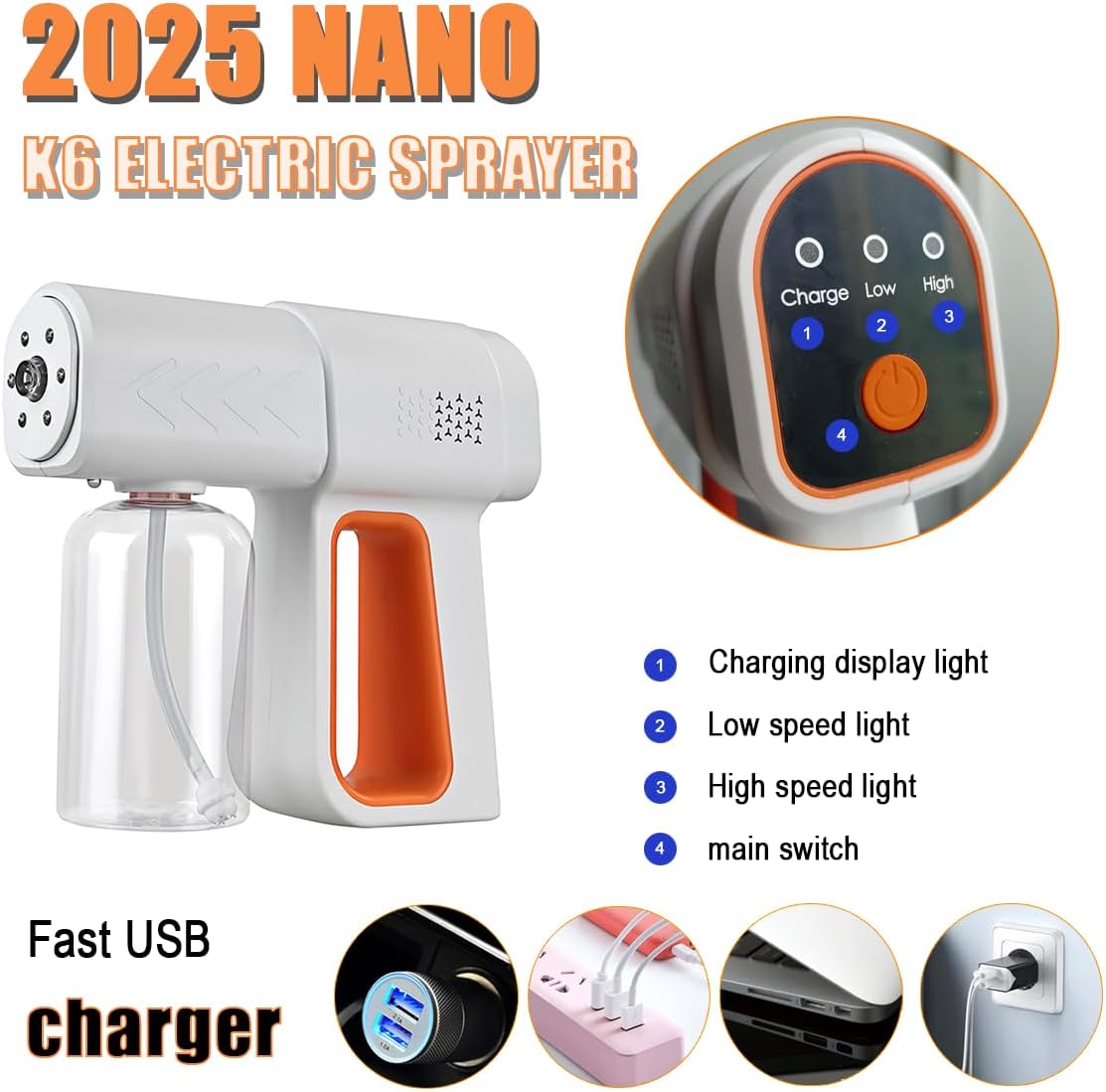 Atomizer Sprayer, Rechargeable Nano Electrostatic Sprayer with Blue Light, Handheld Portable Atomizing Fogger for Home, Office, Car,Barber,Salons