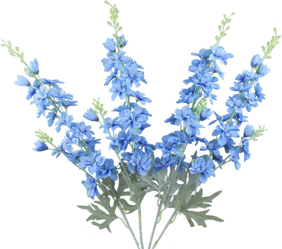 FERIAL Blue Silk Larkspur Flowers 4pcs Artificial Delphinium Faux Snapdragon Long Stem Fake Plant Spray Arrangement for Home Decor Indoor Outdoor Office Garden Wedding Table Vase Decor (Blue)…
