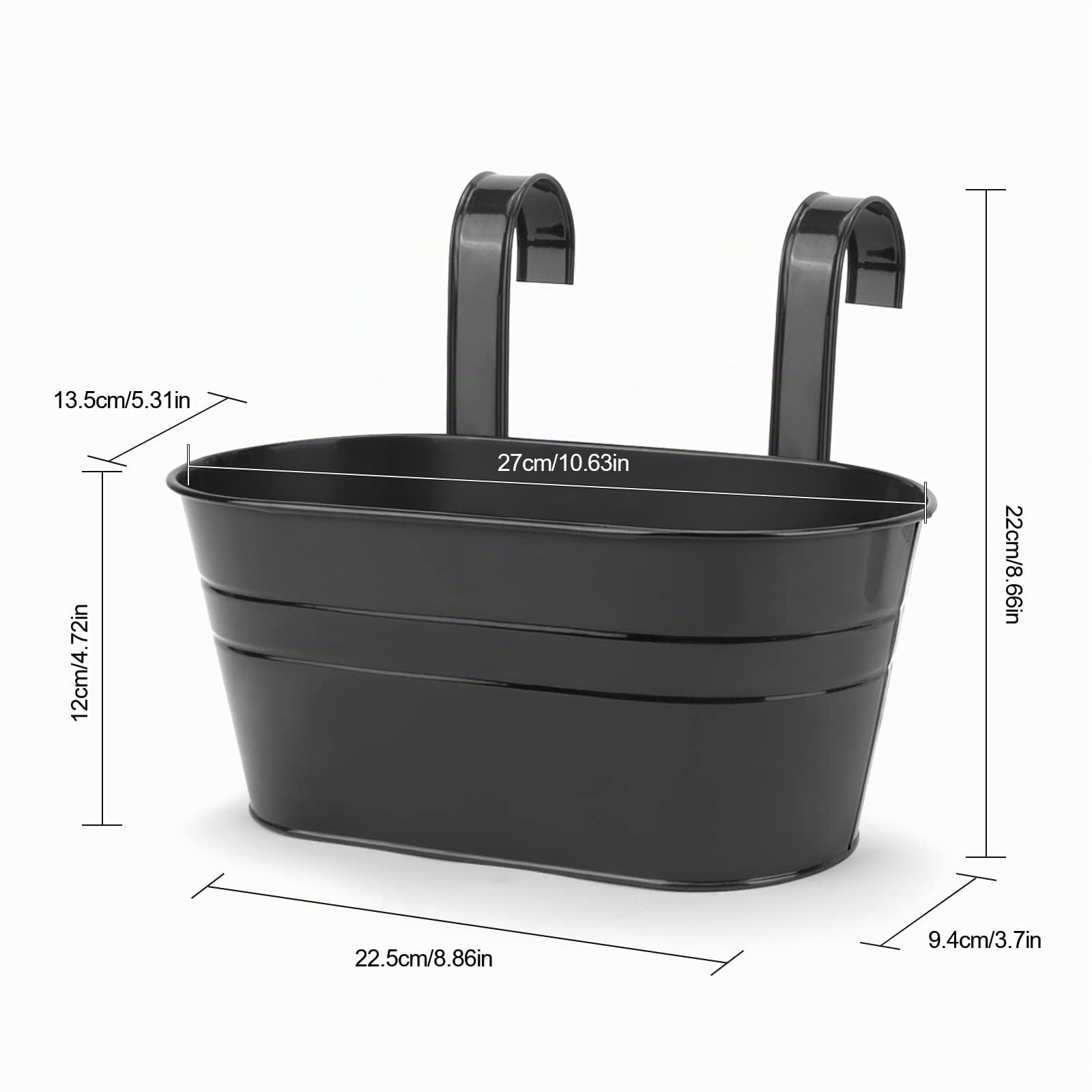 OGIMA Lot de 4 Grands Pots de Fleurs à Suspendre en métal pour intérieur/extérieur, Balustrade, clôture, Balcon, Jardin, décoration de la Maison avec Crochets Amovibles, 4 x Noir