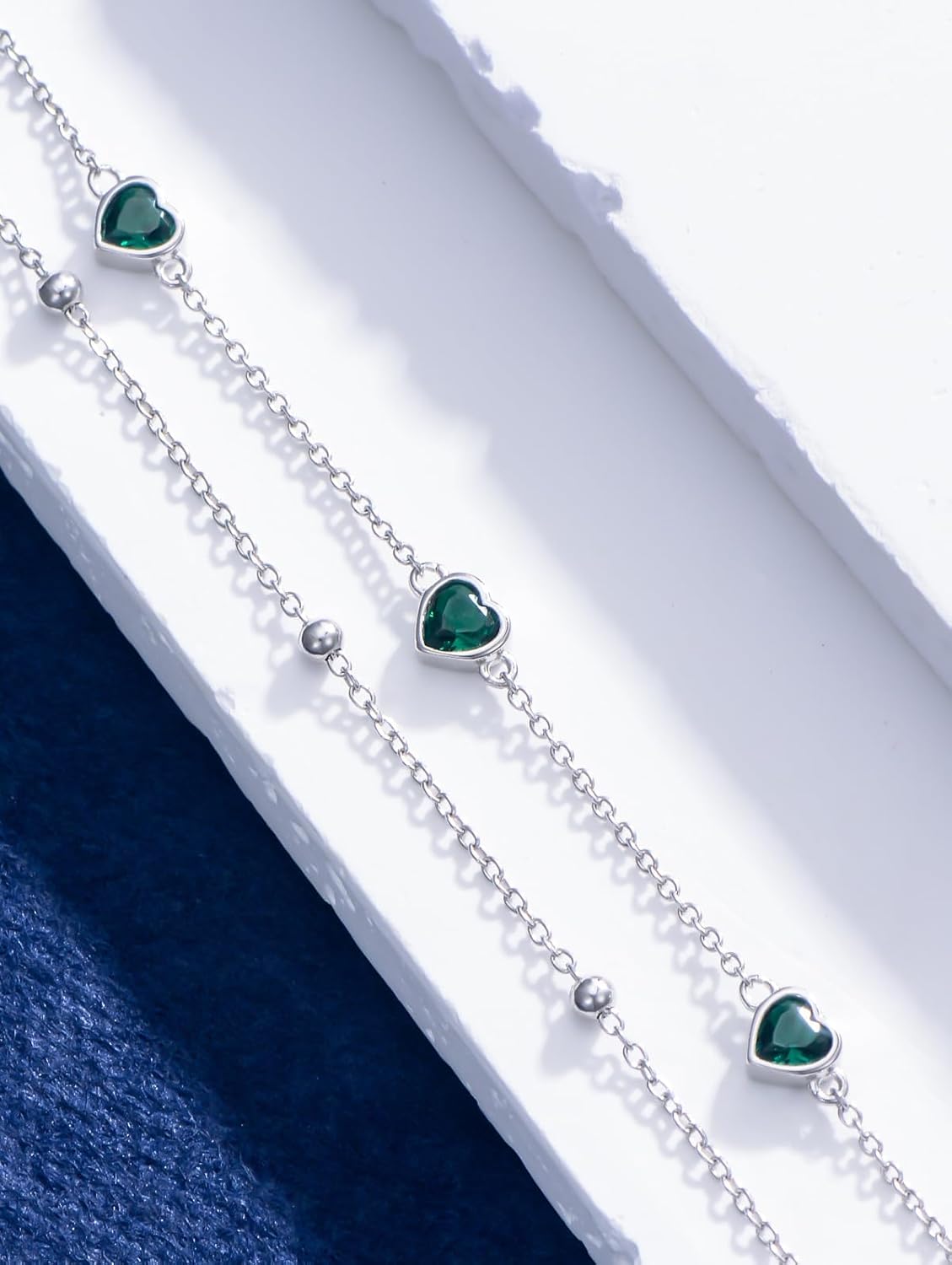 Birthstone Anklet/Bracelets for Women 925 Sterling Silver Charm Link Double Strand Heart Birthstone Jewelry Gift for Wife Women Mother's Day Gift - Image 3