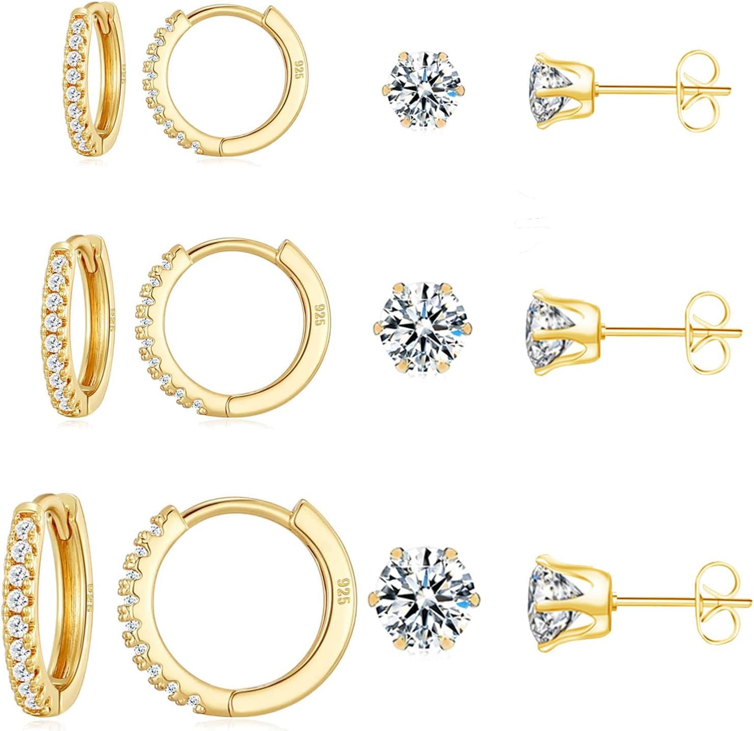 Huggie Hoop and Stud Earrings Set 14K Gold Plated 925 Sterling Silver Post Cartilage Piercing Earrings Gold Stud Earrings Set Women/Men ﻿