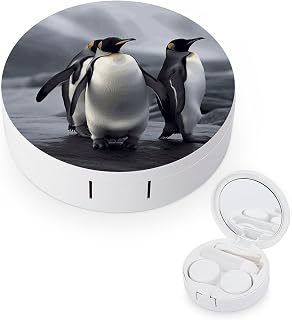 Funny Penguins Contact Lens Case Portable Contact Lens Applicator Removal Tool Kit Cute Round Eyeglass Cases with Mirror for Daily Vision Care And Outdoor Use