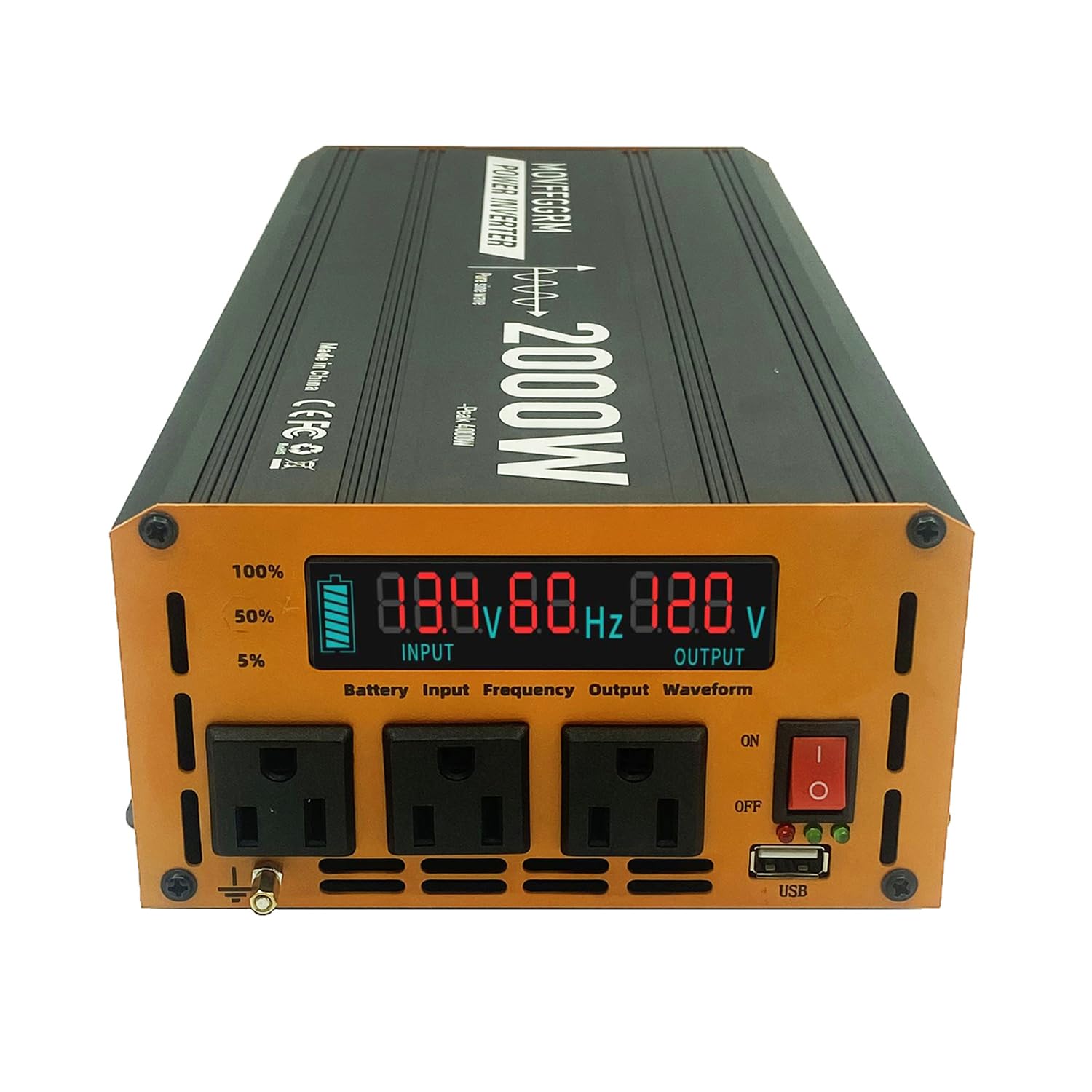 Falownik mocy 2000 W Pure Sine Wave Power Inverter Peak-4000 W, DC 12 V do 110 V, z 3 x AC, portem USB, cyfrowym wyświetlaczem LCD