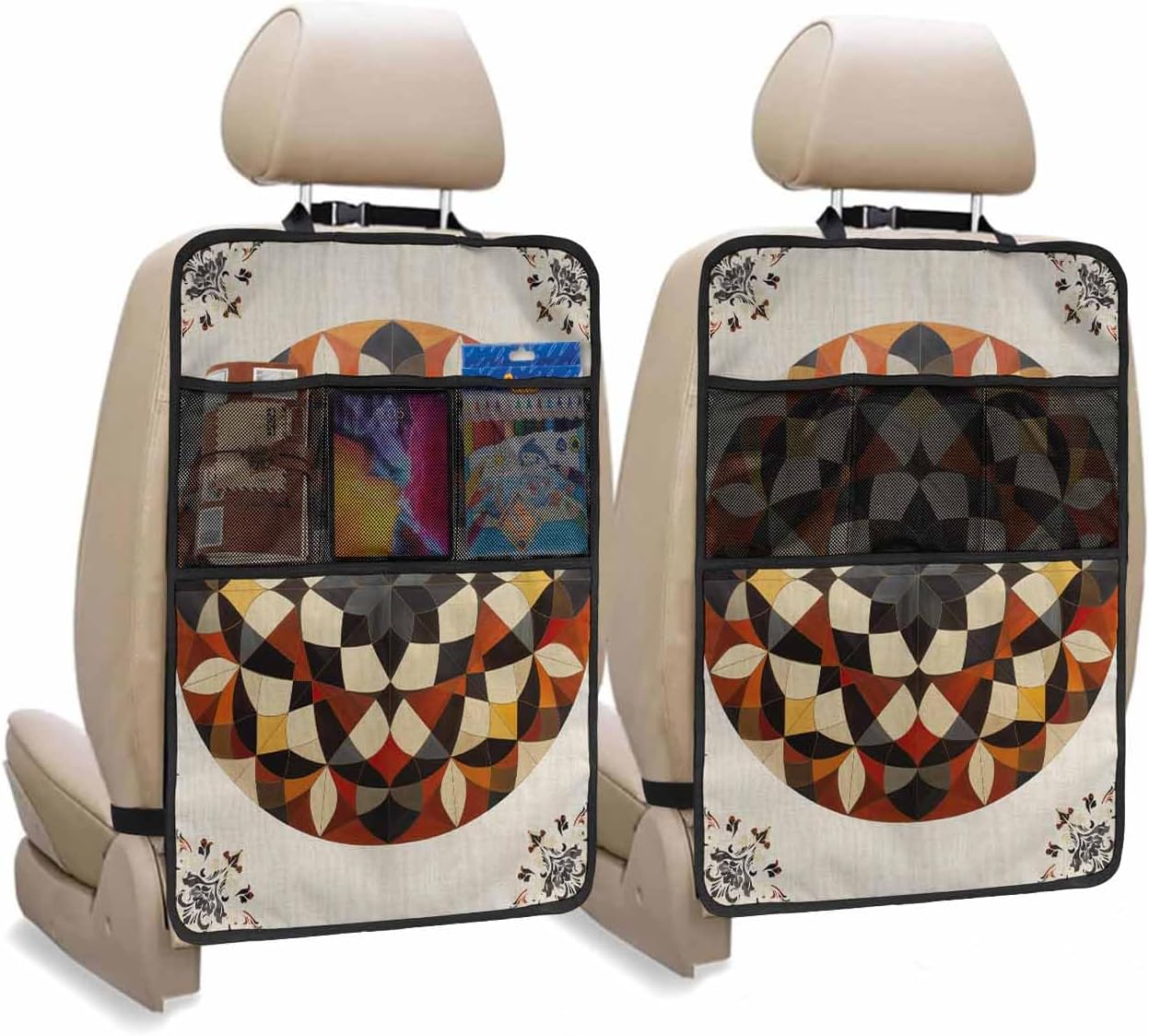 Car Seat Protector, 2 Pack Kick Mats with Organizer - 3 Pocket Storage, Retro Abstract Flowers Leaves Hand Drawn Illustration Back Seat Cover for Kids Universal Fit Automotive Interior Protectors
