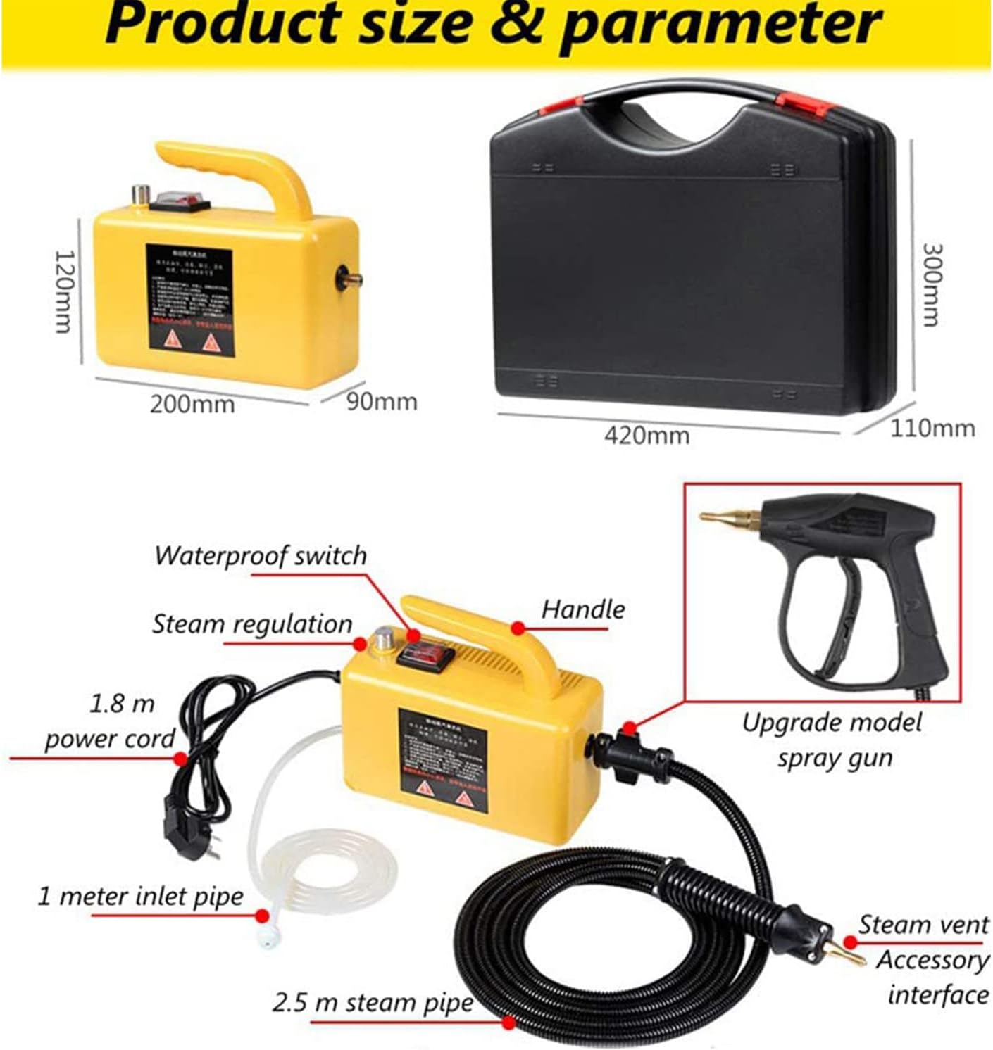 2600W High Pressure Steam Cleaner, Portable Steam Cleaner, High Temperature High Pressure Mobile Cleaning Machine, Commercial Multi-Purpose Industrial Home Steam Cleaner,Black