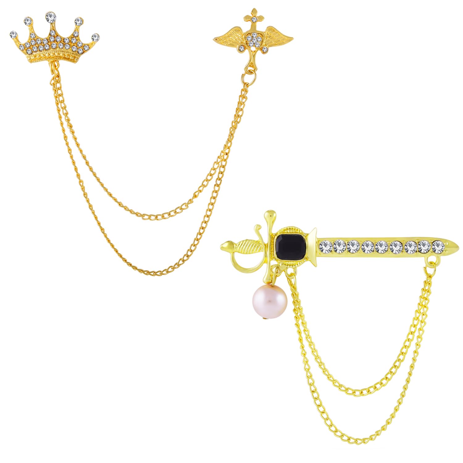 Okos Gold Plated MenS Fashion Jewellery Combo Of Royal Crown With 2 Layer Chain And Sword Brooch Lapel Pin Emblished With Crystal Stone And Artificial Pearl For Boys And Men CO1000356 (B08Q86PJ84) Amazon Price History, Amazon Price Tracker