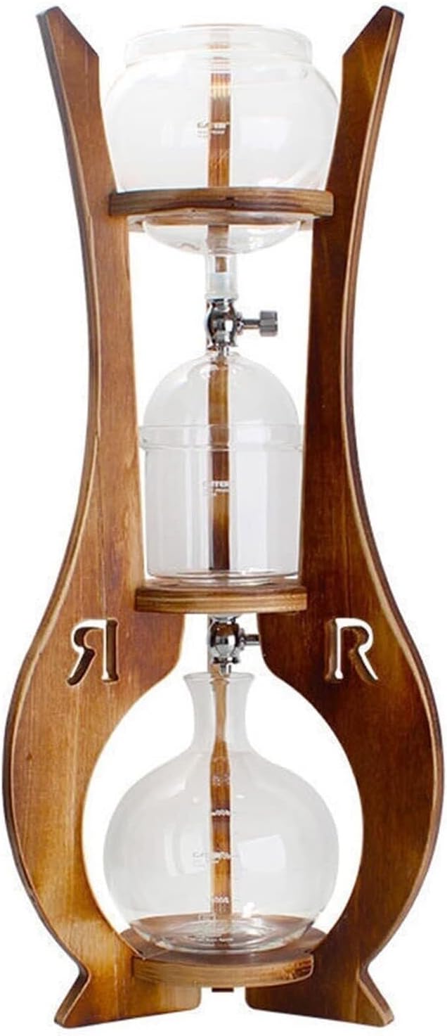 Cold Brew Drip Tower,Iced Coffee Maker with 2 Adjustable Valves, Wooden Frame Detachable Glass Carafe, Ideal for Coffee Lovers(23 * 59cm)