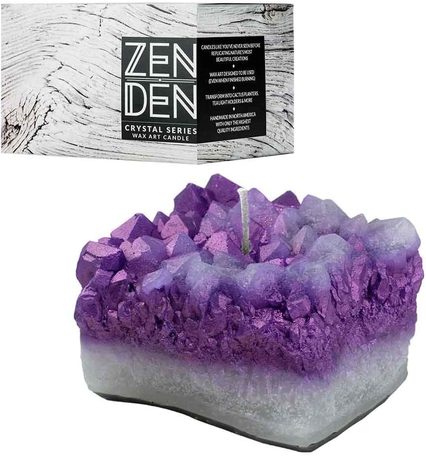 Zen Den Crystal Series - Quartz Crystal Cluster Shaped- Unscented Wax Candle - Handcrafted for Home Décor & Positive Energy (Amethyst/Purple)